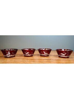 Set of 4 OLD Egermann Bohemian Ruby Red Cut To Clear Deer Scene Thick Glass Sma